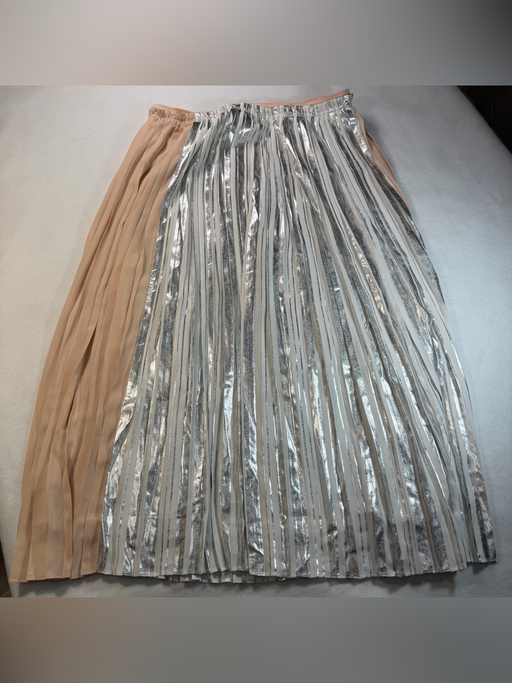 Sussan Metallic Silver Blush Colorblock Pleated Maxi Skirt 12